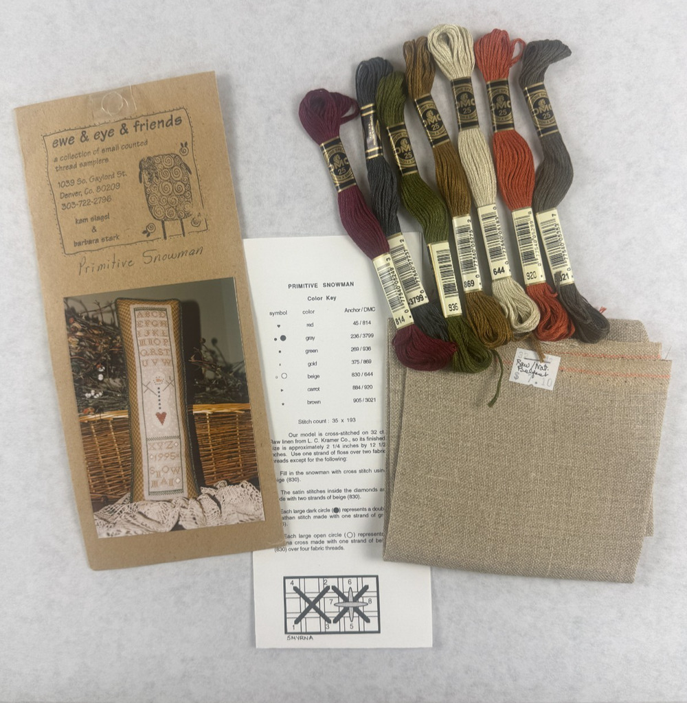 Ewe & Eye & Friends Primitive Snowman Cross Stitch Kit 32ct Linen DMC Floss